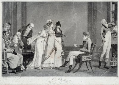 Den oransje eller den moderne dommen av Paris Parodi på dommen i Paris iscenesetter en ung mann i mote av Directoire (Utrolig) å velge mellom tre Wonderful. Trykk av Philibert Louis Debucourt (1755-1832) 1800 rundt Paris, Musee Carnava av Philibert Louis Debucourt