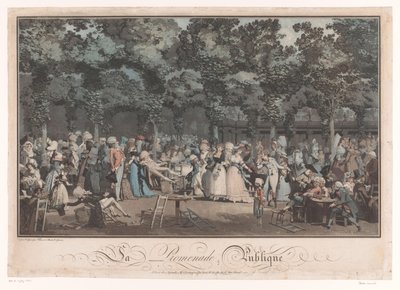 Å se og bli sett Elegant selskap i Jardin du Palais Royal i Paris La Promenade Publique (tittel på objekt) av Philibert Louis Debucourt