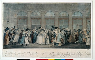 Gå gjennom galleriet til det kongelige palasset i 1787. Gravering av Louis Philibert Debucourt (1755 - 1832) av Philibert Louis Debucourt