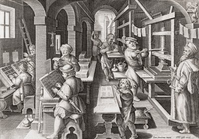 Et europeisk trykkeri rundt 1590 (gravering) av Philip (after) Galle