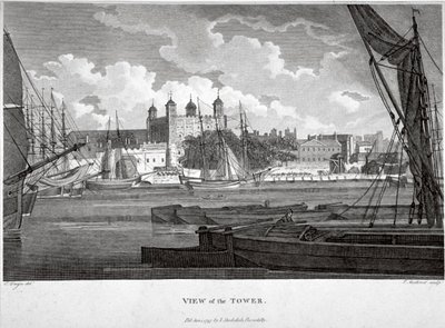 Utsikt over Tower of London med båter på Themsen, c1790 av Philip Audinet