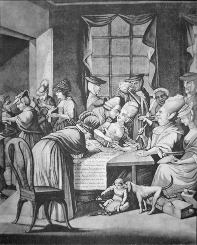 Patriotiske damer fra Edenton, South Carolina, signerer et løfte "Ikke å drikke mer te, og heller ikke bruke mer britisk tøy" (litho) av Philip Dawe