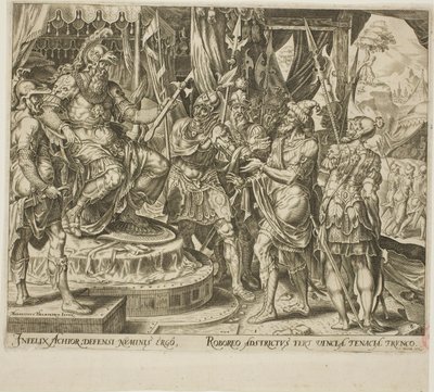 Achior bønnfaller Holofernes for israelittene, plate 1 fra The Story of Judith and Holofernes av Philip Galle