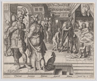 Jonadab Counseling Amnon, fra The Story of Tamar and Amnon, plate 1, 1559., av Philip Galle