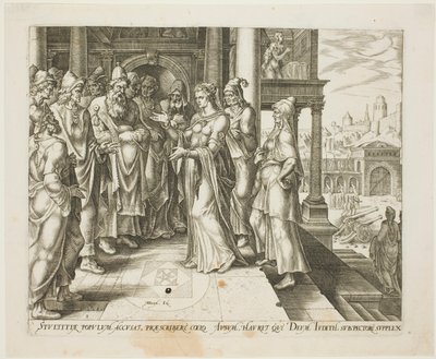 Judith Addressing the Elders of Bethulia, plate tre fra The Story of Judith and Holofernes av Philip Galle