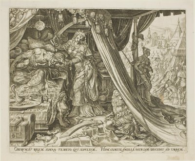 Judith Slaying Holofernes, plate seks fra The Story of Judith and Holofernes av Philip Galle
