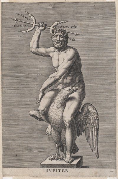 Plate 2: Jupiter, statue av den nakne guden som sitter på en ørn og holder en dobbel trefork, fra..., 1586. av Philip Galle