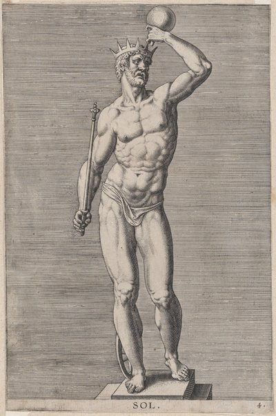 Plate 4: Apollo, statue av den nakne guden som står på en sokkel, bærer en krone og holder en..., 1586. av Philip Galle