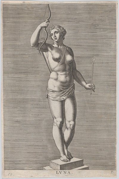 Plate 7: Diana, statue av den nakne gudinnen som står på en sokkel, iført en halvmåne i..., 1586. av Philip Galle