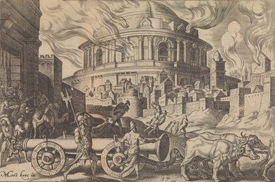 Kaldeerne som bærer bort søylene i Jerusalems tempel, fra The Disasters of ..., 1569. av Philip Galle