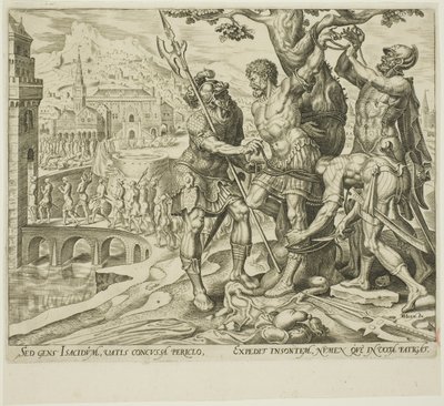 Israelittene finner Achior bundet til et tre, plate to fra historien om Judith og Holofernes av Philip Galle