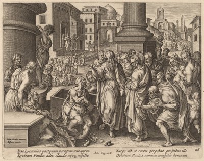 Saint Paul helbreder den lamme mannen i Lystra av Philip Galle after Jan van der Straet