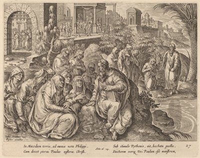 Saint Paul taler til kvinnene i Filippi ved en elv av Philip Galle after Jan van der Straet