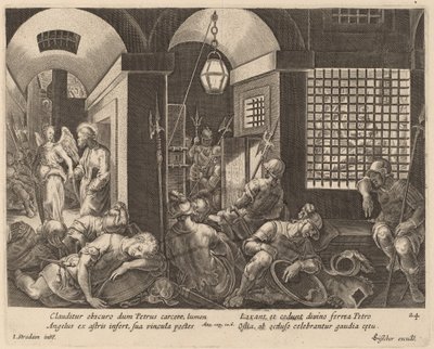 Sankt Peter utfridd fra fengselet av en engel av Philip Galle after Jan van der Straet