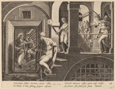 Fangevokteren i ferd med å drepe seg selv, konvertert av Saint Paul av Philip Galle after Jan van der Straet