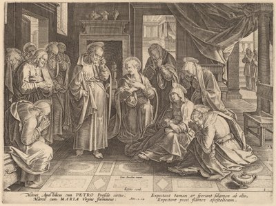 Apostlenes og kvinnenes møte i overrommet av Philip Galle after Jan van der Straet