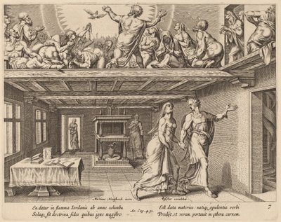 Og de ble alle fylt med Den Hellige Ånd av Philip Galle after Maerten van Heemskerck