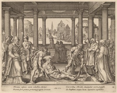 fromme menn som bærer den hellige Stefan til begravelsen hans av Philip Galle after Maerten van Heemskerck