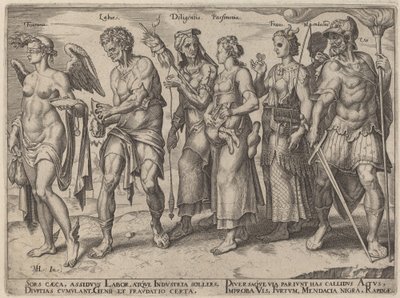 Flaks, arbeid, flid, sparsommelighet, svindel (ærlige og uærlige måter å bli rik på) av Philip Galle, after Maerten van Heemskerck