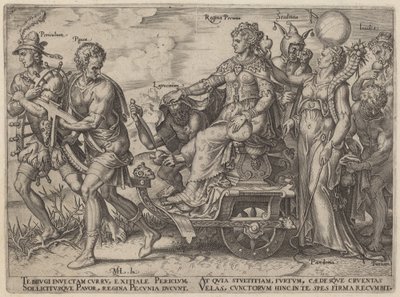 Fare, fattige, ran, dronning av penger, dårskap, misunnelse (farer og laster som følger med rikdom) av Philip Galle, after Maerten van Heemskerck