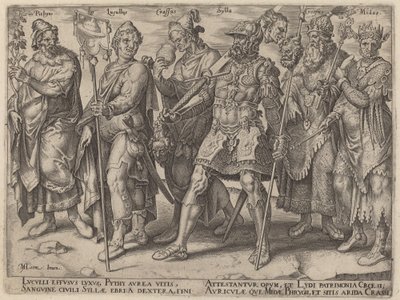 Pythius, Lucullus, Crassus, Sylla, Croesus, Midas (beryktede eksempler på rikdom fra antikken) av Philip Galle, after Maerten van Heemskerck