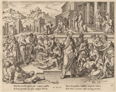 Saint Peter helbreder de syke med sin skygge av Philip Galle after Maerten van Heemskerck