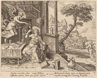 Engelen beordrer Saint Philip til å følge den etiopiske evnukken av Philip Galle after Maerten van Heemskerck