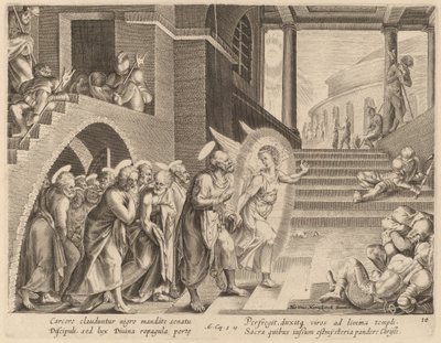 Apostlene utfridd fra fengselet av en engel av Philip Galle after Maerten van Heemskerck