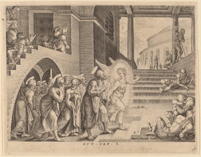 Apostlene utfridd fra fengselet av en engel av Philip Galle after Maerten van Heemskerck