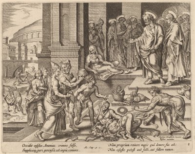 Ananias og Saffiras død av Philip Galle after Maerten van Heemskerck
