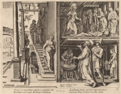 Oppdragelsen av Tabitha av Philip Galle after Maerten van Heemskerck