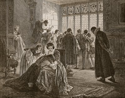 Den engelske ambassaden under massakren av St. Bartholomew, illustrasjon fra 