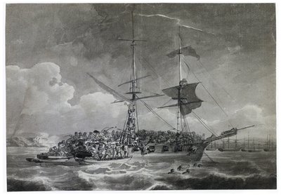 Portrett av en fransk brigg (murstein), La Chevrette (usikker). Dyppet i blekk av Philippe Jacques de Loutherbourg (1740–1812). av Philip James de (1740-1812) Loutherbourg
