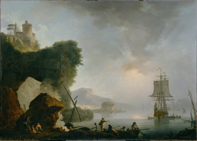 Sjølandskap med synkende sol (maleri på lerret) av Philip James de (1740-1812) Loutherbourg