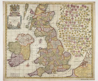 Et nytt kart over England, Skottland og Irland, ca. 1690 (farget gravering) av Philip Lea