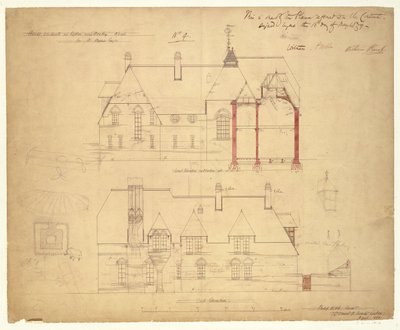 Forhøyninger for The Red House, Bexleyheath (penn og blekk og wc på papir) av Philip Webb
