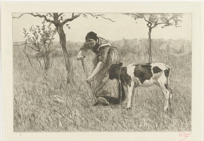 Gravende bondekone med kalv Le veau (original tittel) av Philip Zilcken (signed by artist)