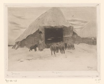 Shepherd fører en flokk sauer inn i en låve Grange dans la neige (original tittel) av Philip Zilcken (signed by artist)