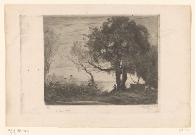 Landskap med en fløytespiller under et tre og en silhuett av en by Soir (original tittel) av Philip Zilcken (signed by artist)