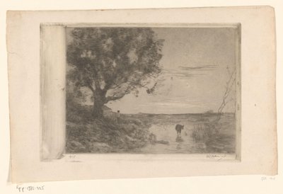 Landskap med en kalv i vannet og en mann under et tre Soir (original tittel) av Philip Zilcken (signed by artist)