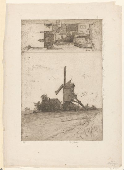 Vindmølle i et englandskap og utsikt i Ravensteinstraat i Brussel Vieux moulin a Laeken / Rue Ravenstein (Bruxelles) (original tittel) av Philip Zilcken (signed by artist)