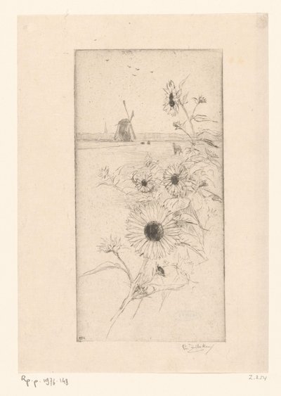 Solsikker for et englandskap med hester og mølle Eutude de tournesols (original tittel) av Philip Zilcken (signed by artist)