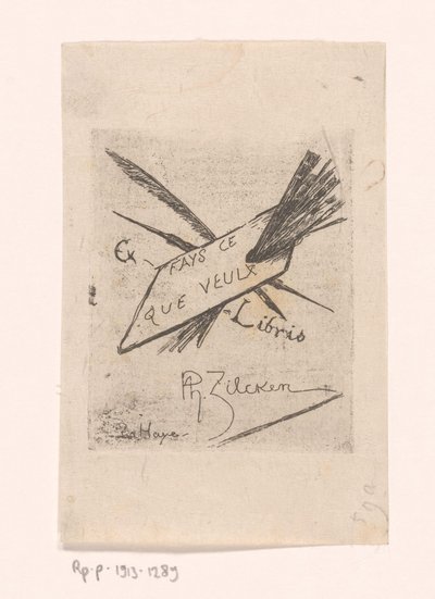 Ex libris med penner, pensler og palett av Philip Zilcken