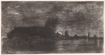 Landskap med hus og mølle på vannet Delftshaven (original tittel) av Philip Zilcken