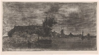 Landskap med hus og mølle på vannet Delftshaven (original tittel) av Philip Zilcken
