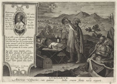 Amerigo Vespucci finner konstellasjonen Southern Cross med en astrolabium Americae Retectio, 1591 av Philipp Galle