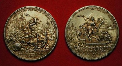 Medalje til minne om slaget ved La Hogue i 1692 (metall) (se også 144616) av Philipp Heinrich Mueller