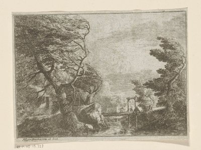 Stormfullt landskap med trær ved siden av en bro over en elv av Philipp Hieronymus Brinckmann