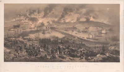 Brann i Sevastopol. Russernes retrett på nordkysten, 1855. av Philippe Benoist