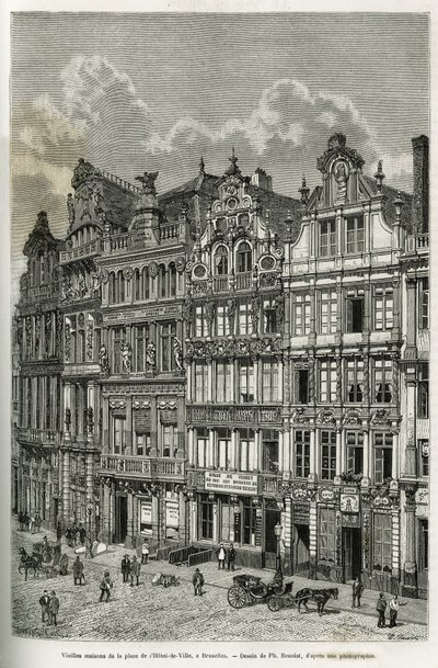 Gamle hus på rådhusplassen i Brussel. Gravering av Ph. Benoist, for å illustrere historien om Belgia av Camille Lemonnier, publisert i tour du monde, under ledelse av Edouard Charton (1807-1890), Paris av Philippe Benoist